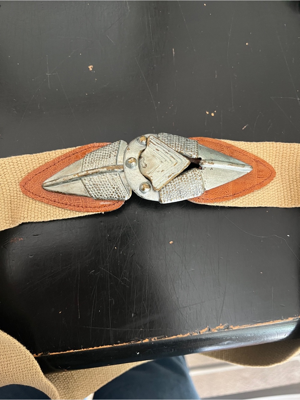 Omega Beige Canvas Belt with Brown Accents and Silver Decorative Buckle